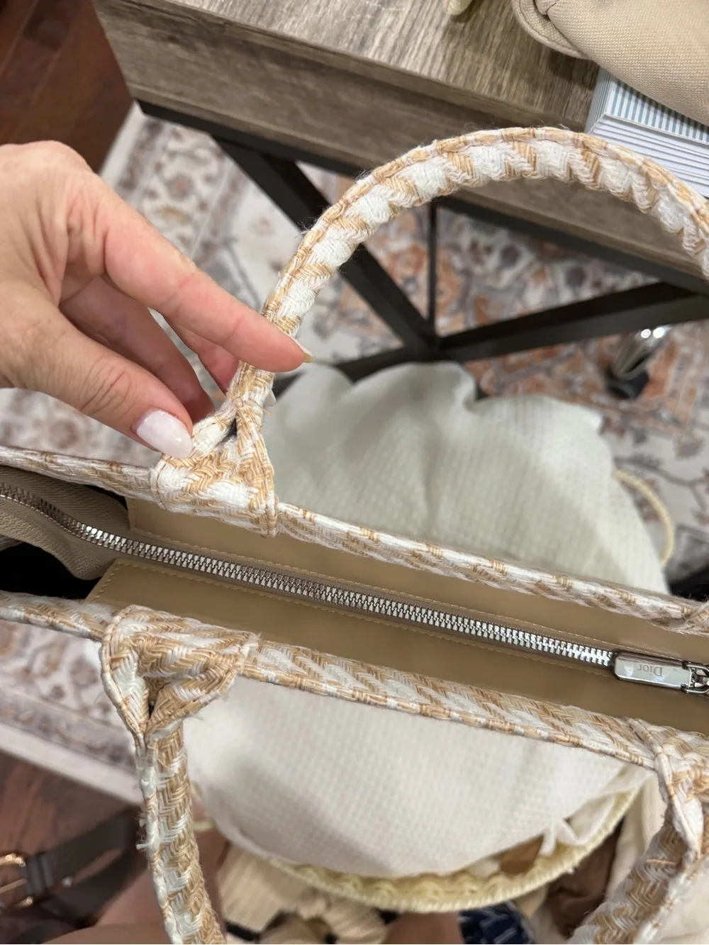 Dior Beige and White Houndstooth Canvas Messenger Tote